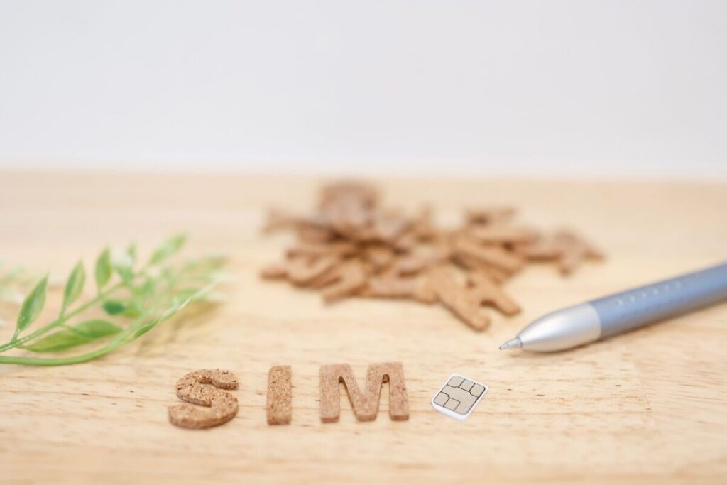 SIMと書かれた文字とペン、シムカード、葉