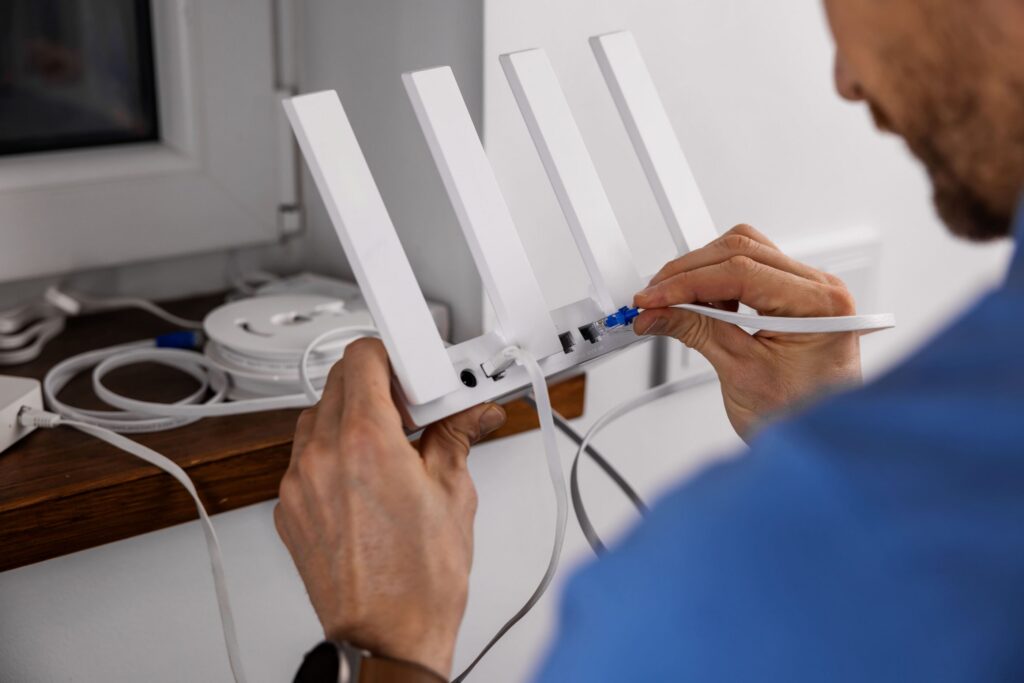 Wi-Fiルーターに触れる男性